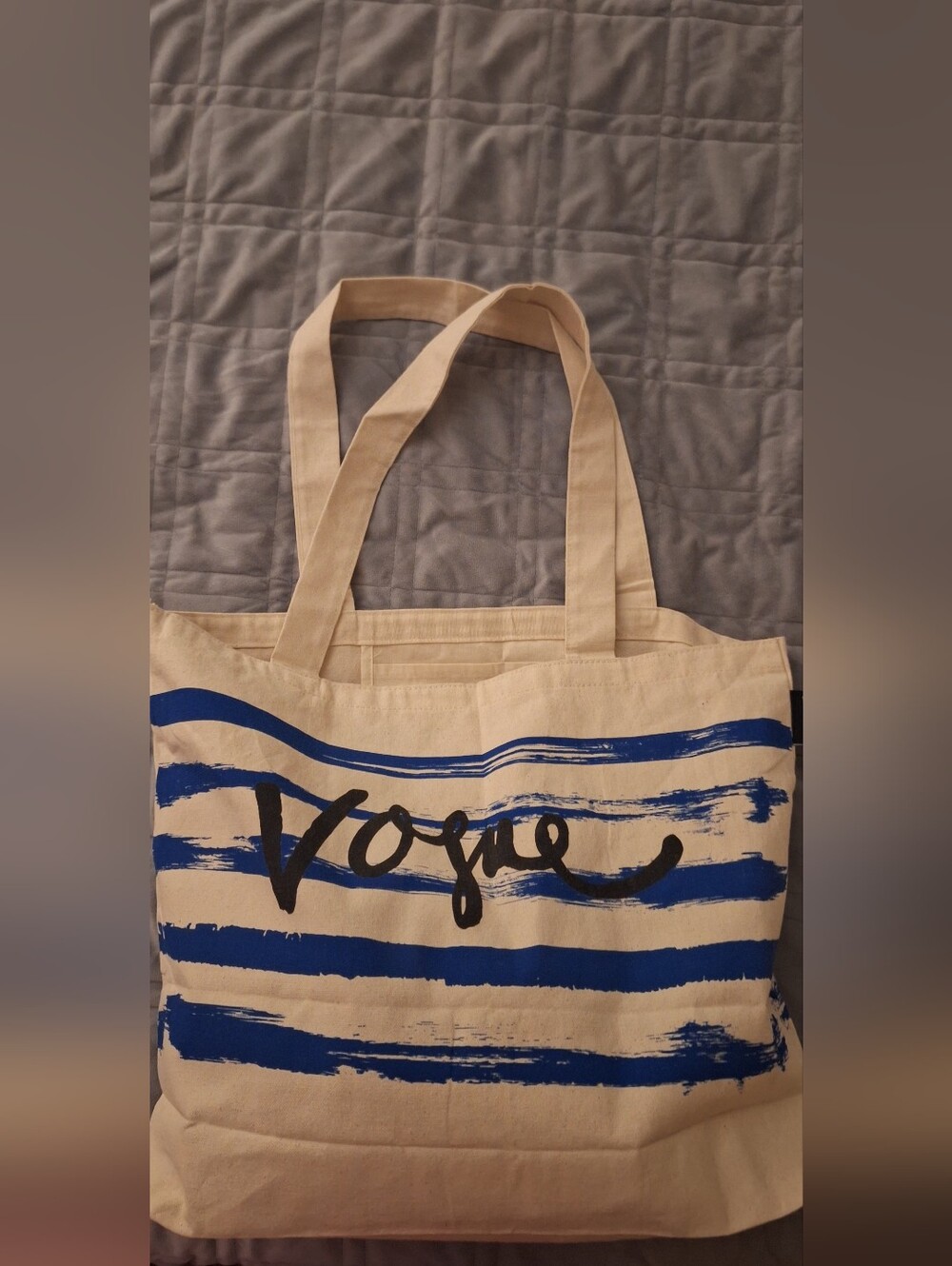 Canvas Tote Bag with Blue Stripe 'Vogue' Print